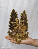 Metal Radha Krishna idol with deepak, Indian temple decor item, spiritual figurine on display